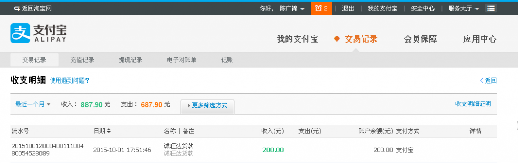 10月1日東莞誠旺達白鐵匯款200元至支付寶